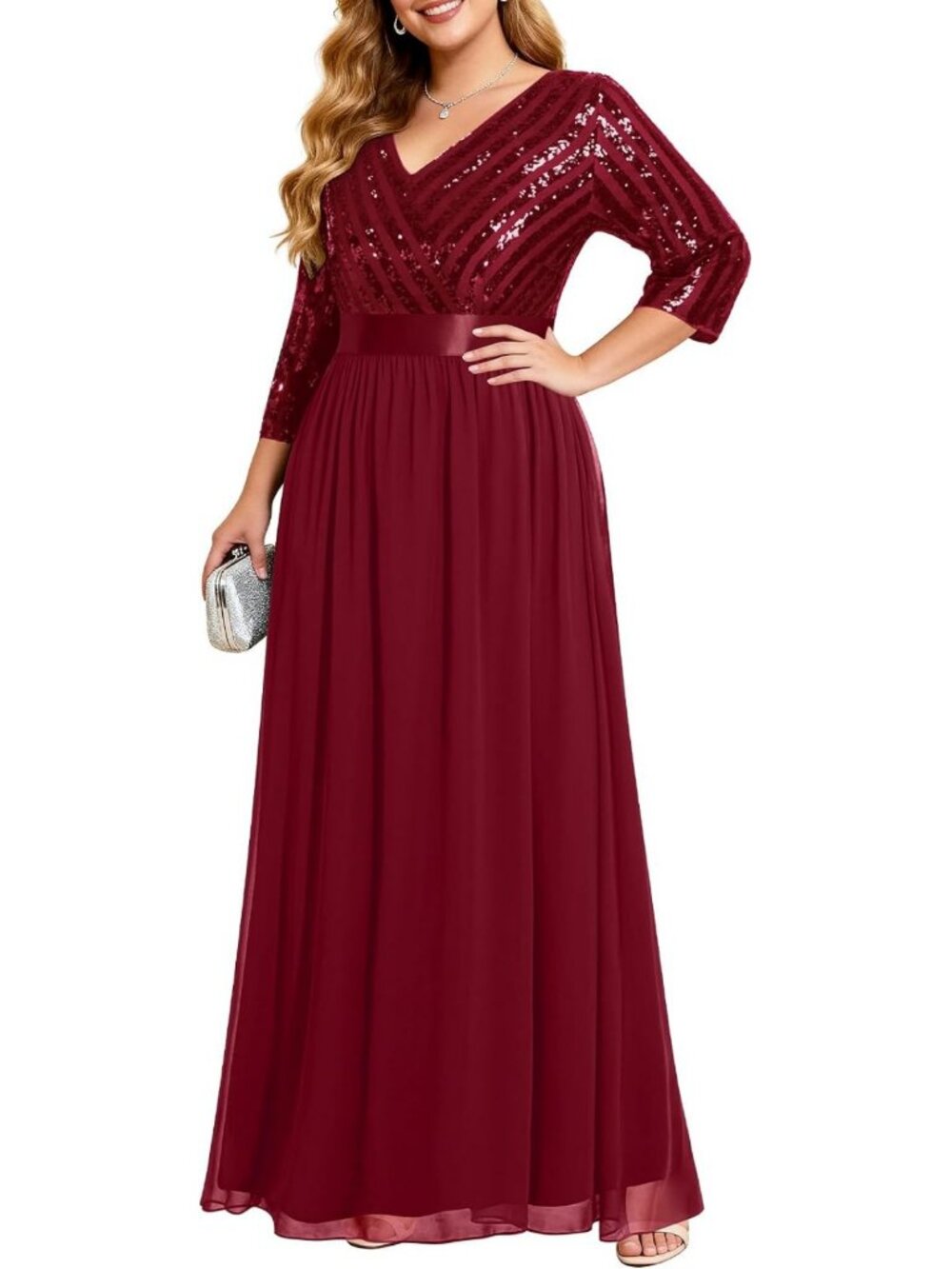 Elegant Plus Size Sequin Maxi Dress - V Neck, 3/4 Sleeve, Perfect for Prom